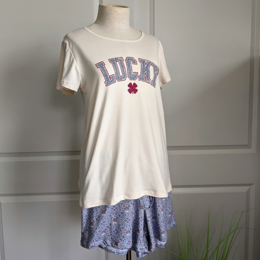 Lucky Brand Pajama Lounge Set Shorts Short Sleeve Tee Top White Red Blue M NWT - Picture 2 of 13
